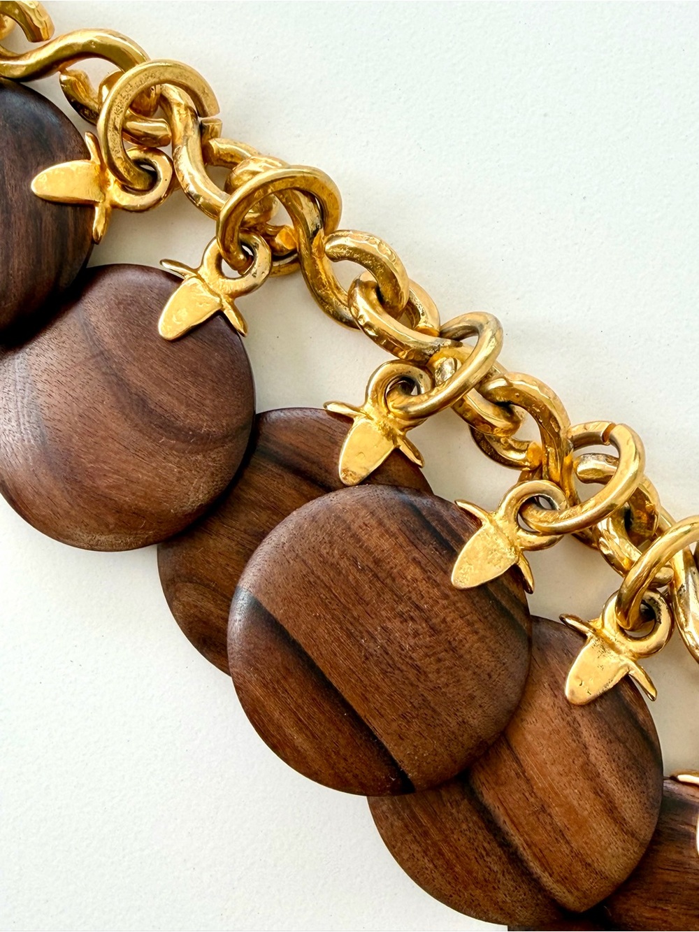 Celine Vintage Gold-Tone Chain Bracelet with Brown Wood Disc Charms - Picture 4 of 13